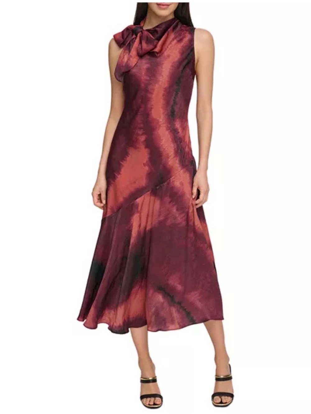DKNY Sleeveless Tie-Neck Midi Dress in Burgundy and Coral Wash